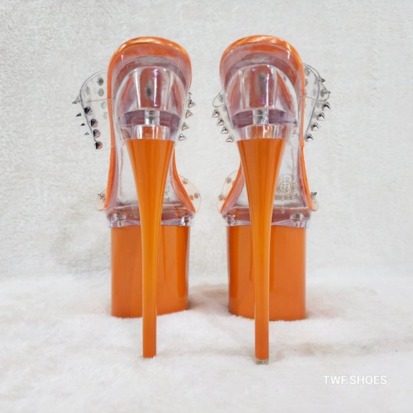 Sleek Slim 8" Towering Platform Heels Orange Double Clear Spiked Straps … - Picture 6 of 12